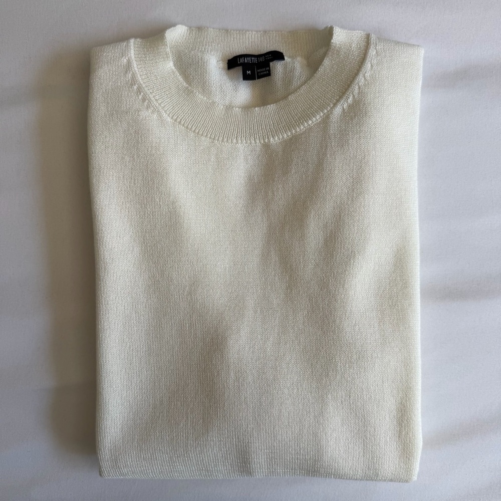 Lafayette 148 Wool Cotton Blend Lightweight White Knit Sweater Coastal Neutral